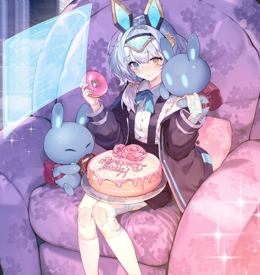 1girl, absurdres, ayumeyatto, blue_hair, cake, couch, cyborg, donut