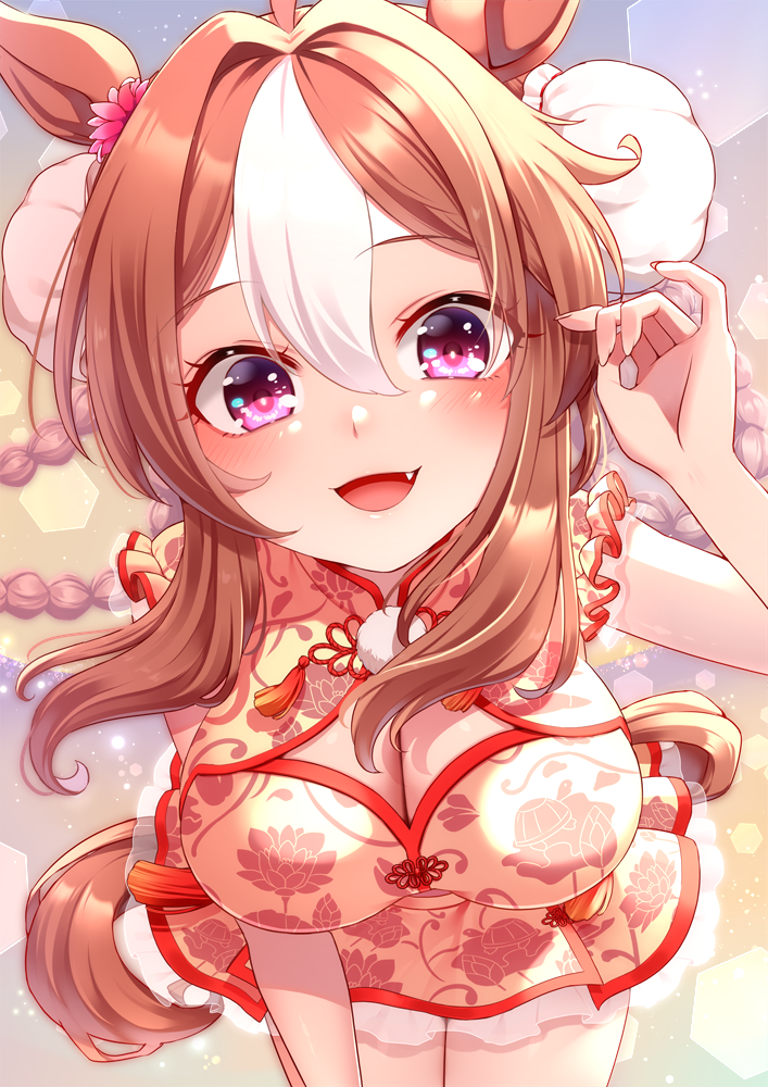 1girl, ahoge, alternate_hairstyle, animal_ears, blush, breasts, brown_hair, cleavage