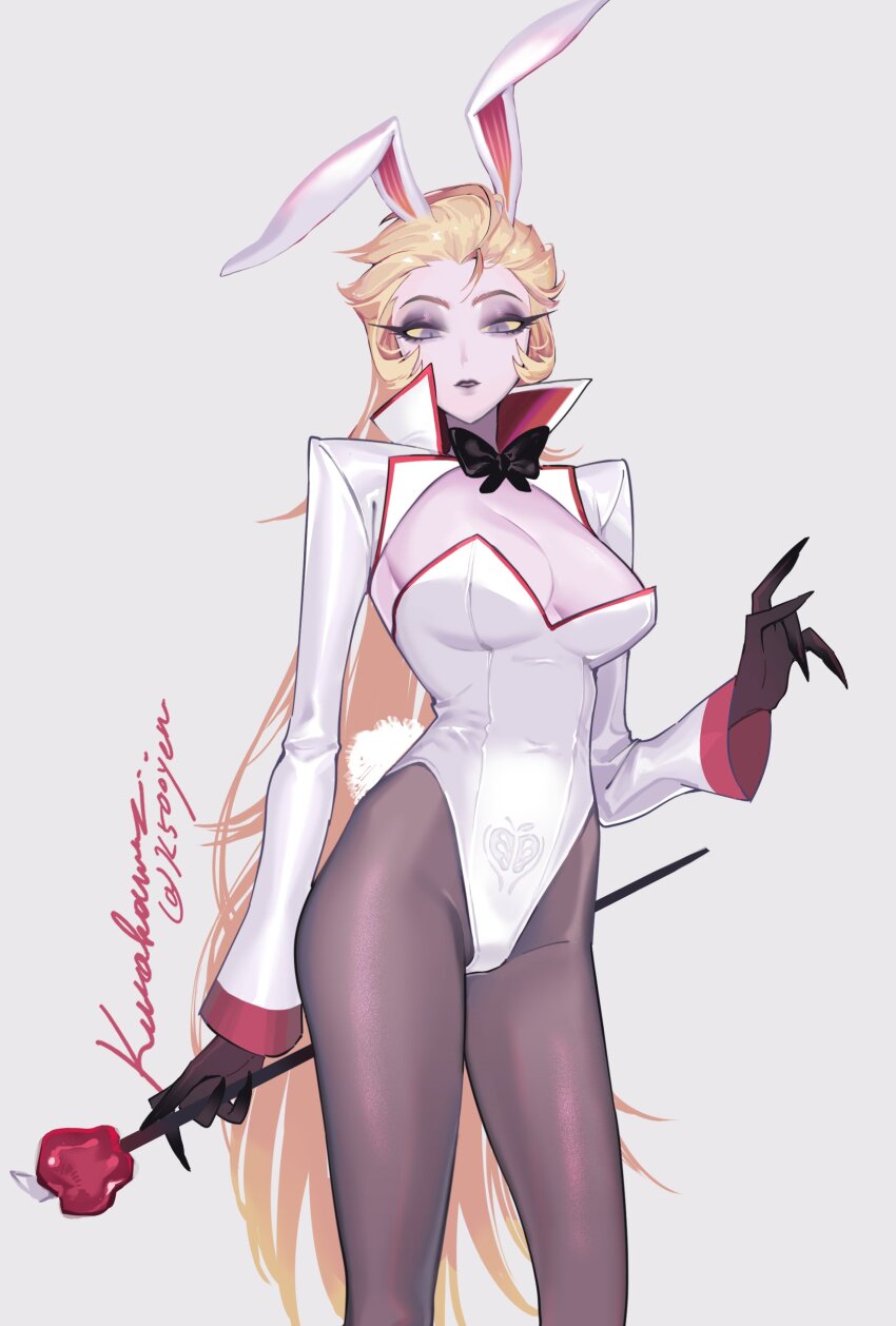 1girl, absurdres, animal_ears, black_pantyhose, blonde_hair, breasts, demon_girl, detached_sleeves