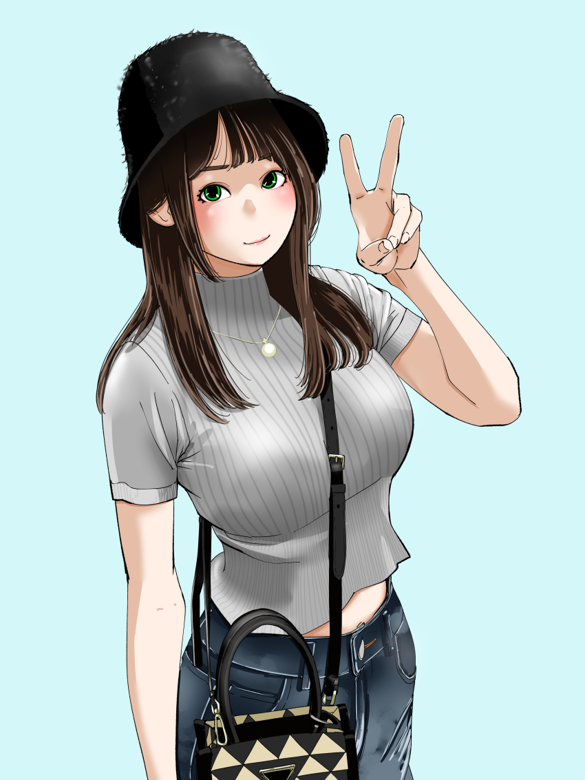 1girl, absurdres, bag, between_breasts, black_bag, black_hair, black_hat, blue_background