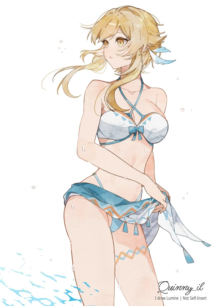 1girl, absurdres, bikini, blonde_hair, blush, breasts, flower, genshin_impact