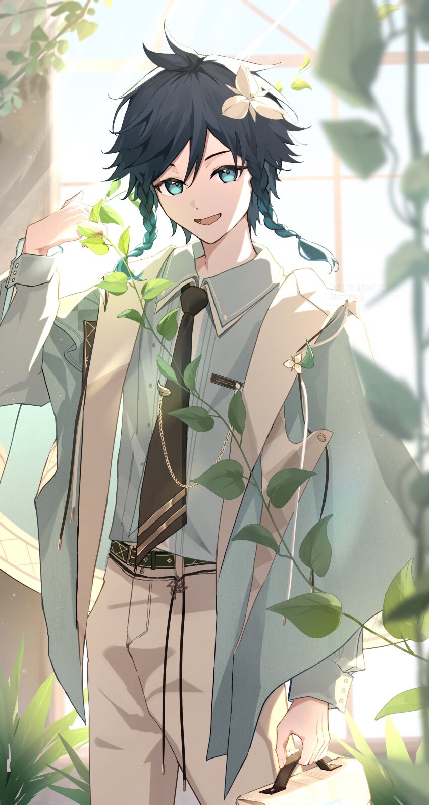 1boy, absurdres, aqua_eyes, aqua_hair, black_hair, braid, flower, genshin_impact