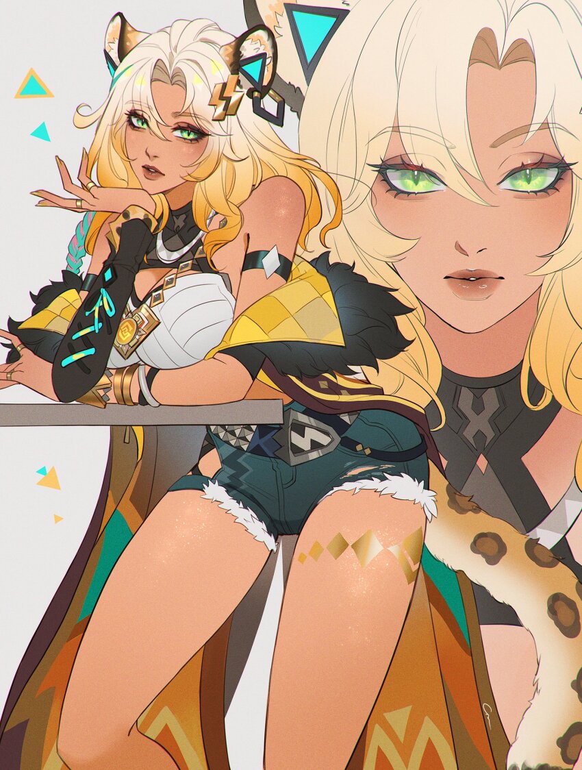 1girl, animal_ears, bare_shoulders, blonde_hair, bracelet, breasts, cowboy_shot, crovius, cutoffs, dark_skin, denim, denim_shorts, earrings, fur-trimmed_jacket, fur_trim, genshin_impact, gradient_hair, green_eyes, hair_between_eyes, hair_ornament, hand_on_own_chin, head_rest, high-waist_shorts, highres, jacket, jaguar_ears, jaguar_tail, jewelry, large_breasts, lips, long_hair, looking_at_viewer, medallion, multicolored_hair, nail_polish, parted_lips, portrait, short_shorts, shorts, slit_pupils, solo, tail, thighs, vision_(genshin_impact), xilonen_(genshin_impact)