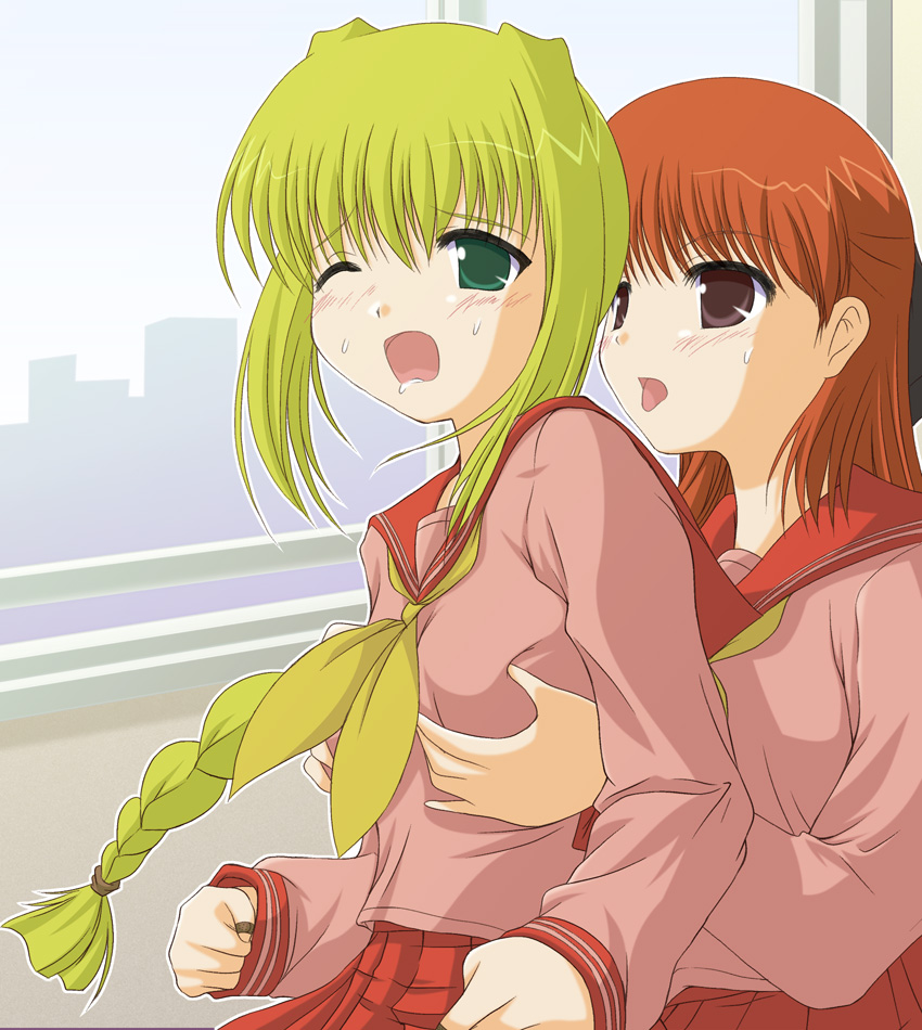 00s, asagi_michiyo, blonde_hair, green_eyes, mahoraba, matsuba_satsuki, red_eyes, red_hair