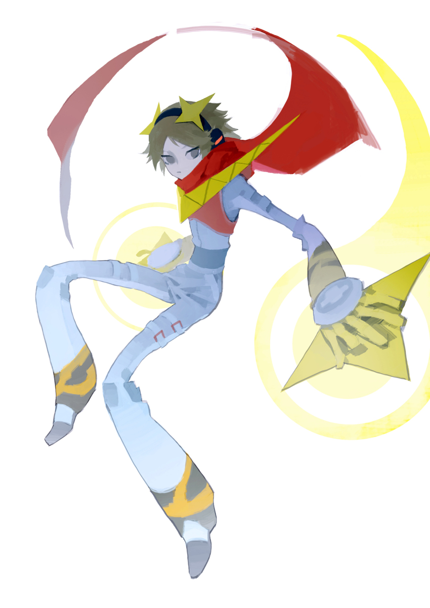 1boy, alternate_costume, brown_hair, closed_mouth, cosplay, expressionless, full_body, grey_eyes