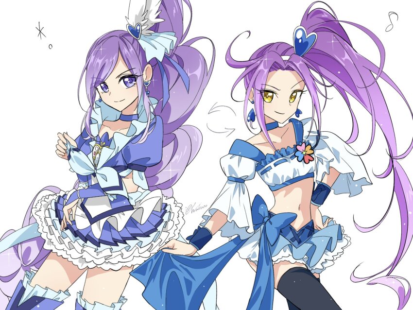 2girls, aono_miki, arrow_(symbol), black_thighhighs, blue_bow, blue_choker, blue_dress, blue_footwear