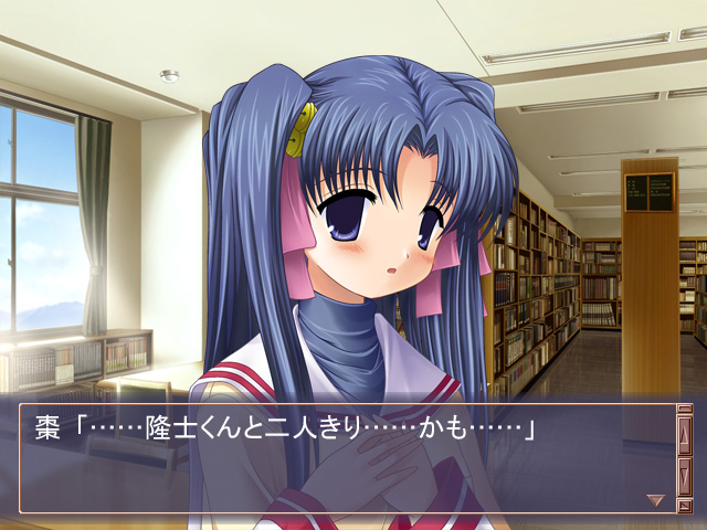 1girl, aoba_kozue, bell, blue_eyes, blue_hair, blush, bow, clannad