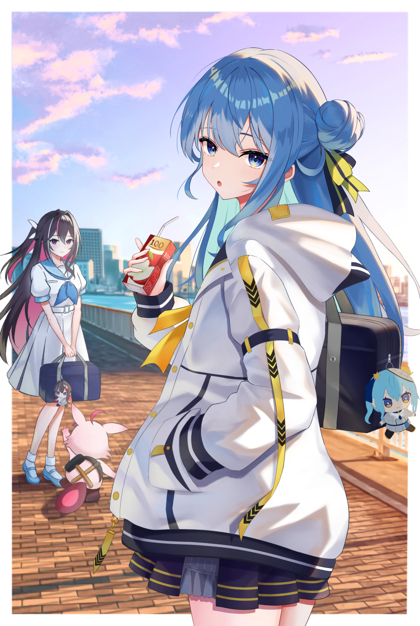 2girls, absurdres, apple_juice, azki_(hololive), bag, belt, black_ribbon, blue_eyes