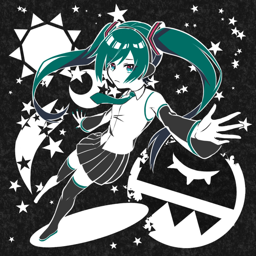 1girl, :|, aqua_eyes, black_background, boots, buriki_no_dance_(vocaloid), closed_mouth, detached_sleeves