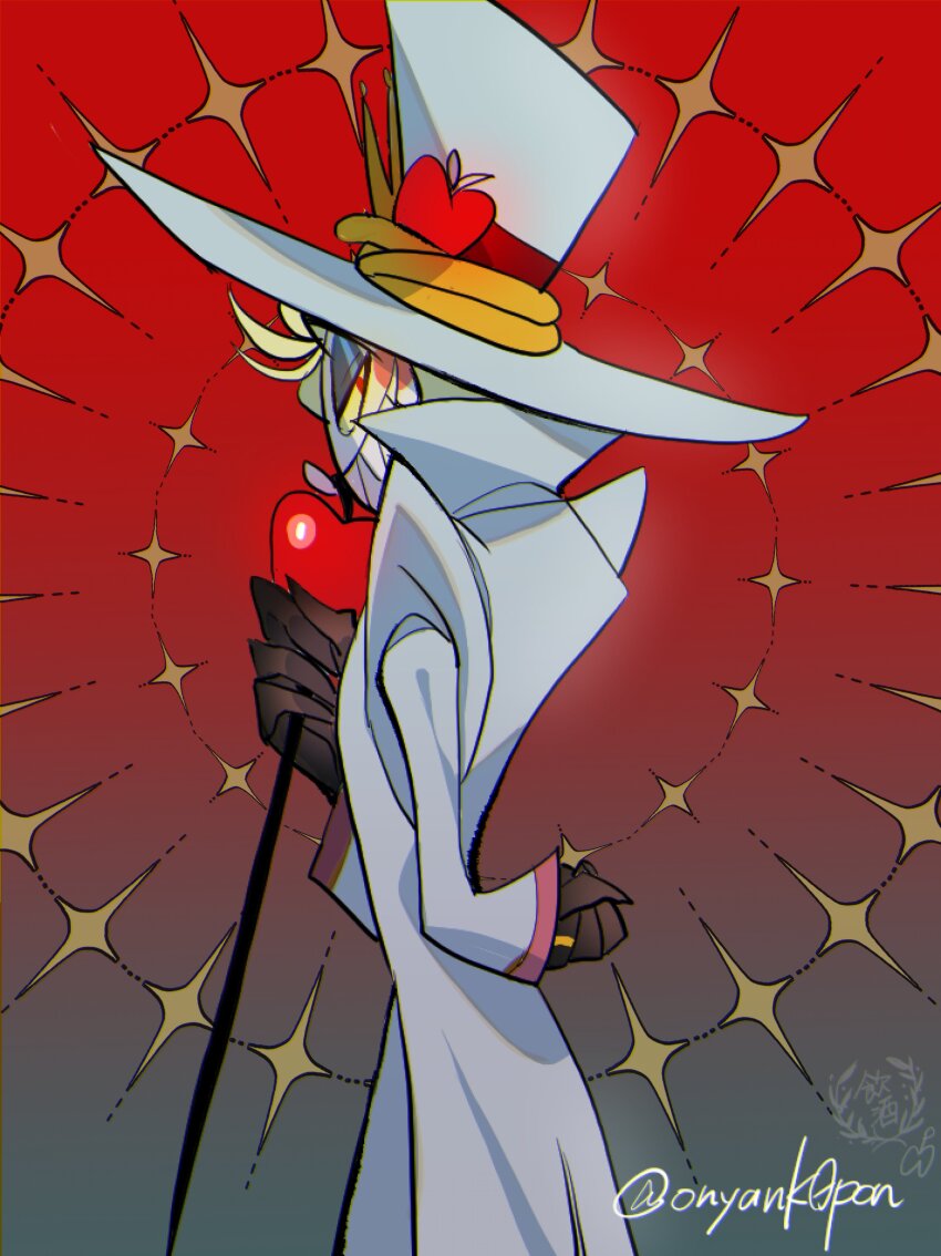 1boy, absurdres, blonde_hair, cane, demon_boy, formal_clothes, hair_slicked_back, hat