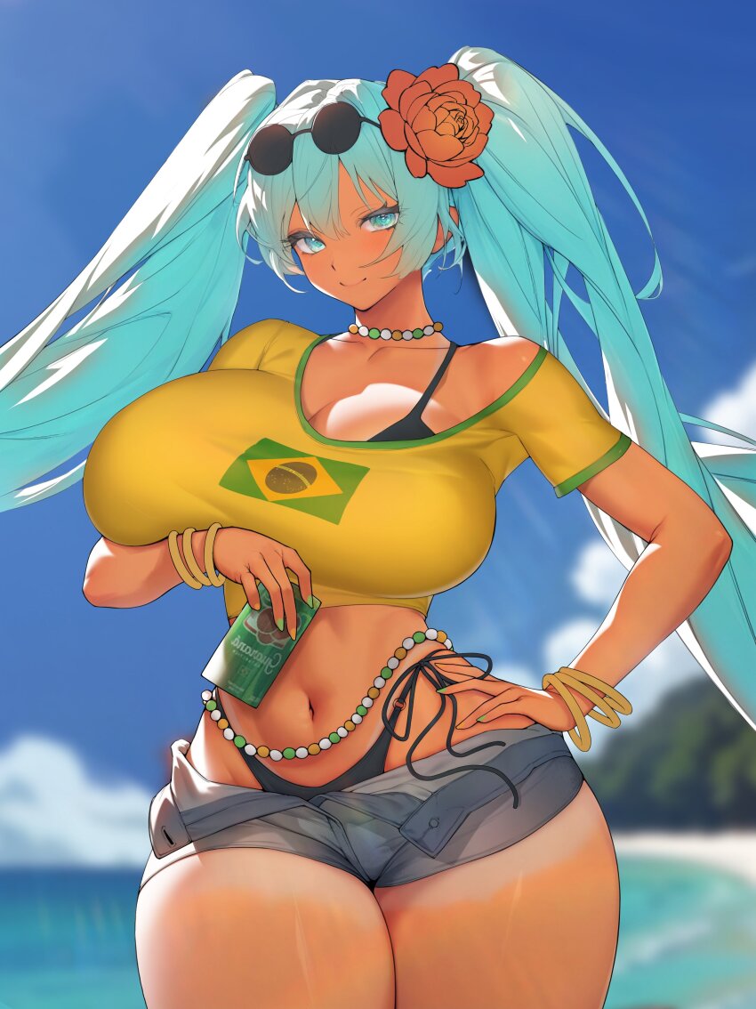 1girl, absurdres, alternate_breast_size_(larger), aqua_eyes, aqua_hair, arm_under_breasts, beach, bead_choker