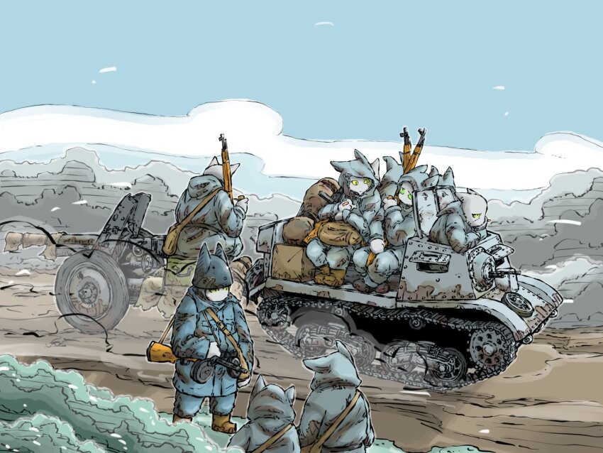 artillery, dirt_road, gun, helmet, highres, holding, holding_gun, holding_weapon