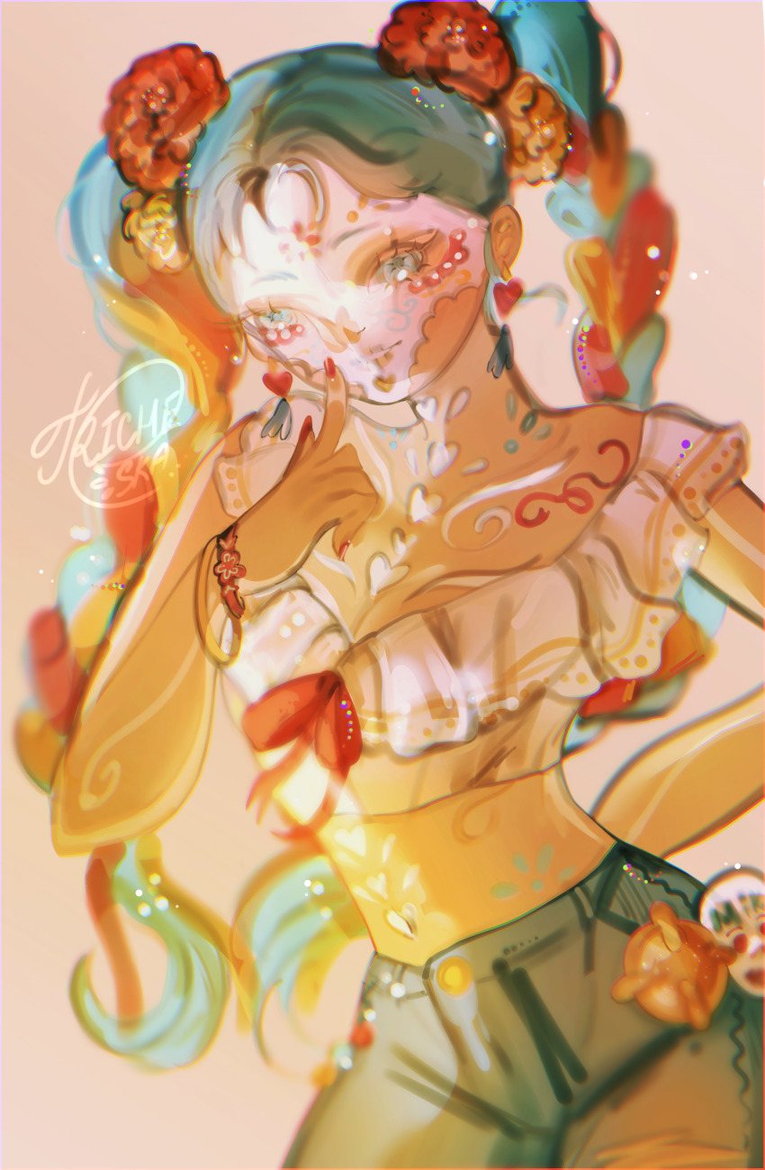 absurdres, alternate_costume, alternate_hairstyle, bracelet, braid, denim, dia, dia_de_muertos, flower, hair_flower, hair_ornament, hair_ribbon, hatsune_miku, highres, jeans, jewelry, makeup, mexico, multicolored_hair, navel, pants, ribbon, skull, tricheska, vocaloid, worldwide_miku