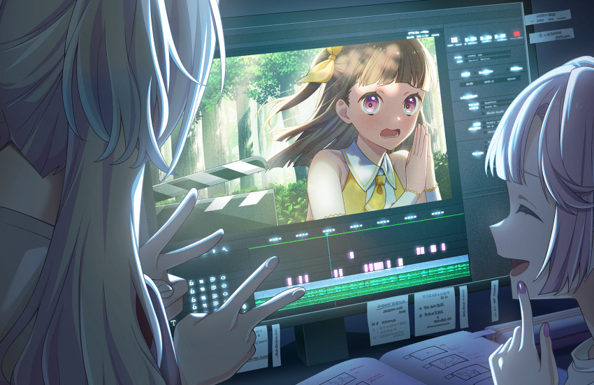 3girls, ^_^, anyoji_hime, blonde_hair, blue_hair, blunt_bangs, book, brown_hair, center-flap_bangs, clapperboard, closed_eyes, collared_shirt, detached_sleeves, double_v, game_cg, gradient_hair, gym_shirt, half_updo, highres, index_finger_raised, indoors, kachimachi_kosuzu, light_blue_hair, link!_like!_love_live!, long_hair, long_sleeves, love_live!, monitor, multicolored_hair, multiple_girls, necktie, official_alternate_costume, official_alternate_hairstyle, official_art, open_book, open_mouth, osawa_rurino, palms_together, pink_eyes, pink_hair, pink_nails, proof_(love_live!), red_sleeves, shirt, sidelocks, sleeveless, sleeveless_shirt, smile, sticky_note, straight_hair, swept_bangs, third-party_source, twintails, v, video_editing_program, virtual_youtuber, white_shirt, white_sleeves, yellow_necktie, yellow_shirt