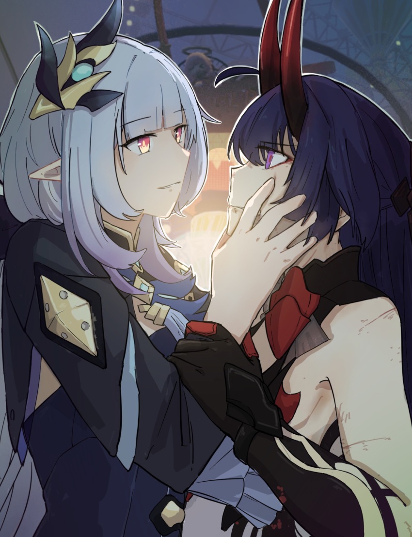 2girls, ahoge, armpits, black_gloves, blue_hair, elf, elysia_(honkai_impact), elysia_(miss_pink_elf)_(honkai_impact)