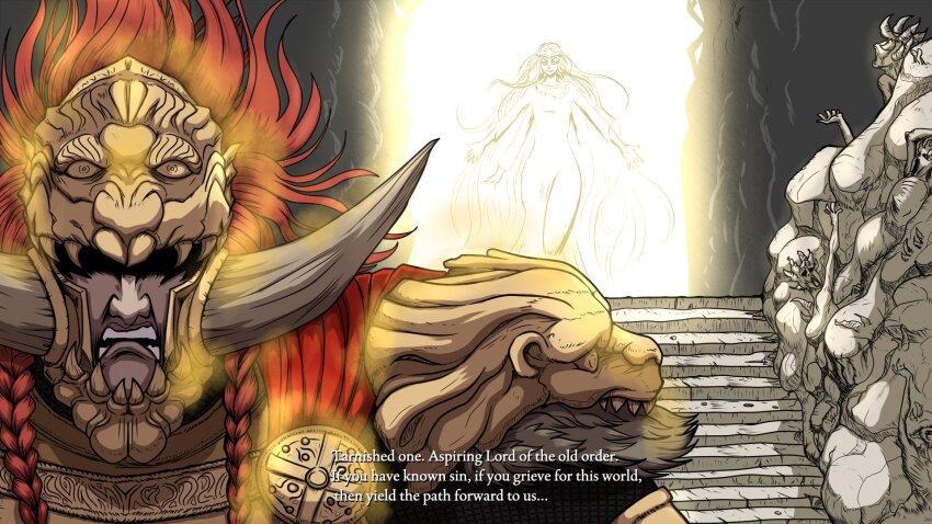 2boys, armor, aura, blonde_hair, braid, breastplate, brothers, cape, circlet, commentary, demiandraws, elden_ring, elden_ring:_shadow_of_the_erdtree, english_commentary, evil_smile, fake_horns, full_armor, fur-trimmed_armor, fur_trim, gold_armor, gold_circlet, half-siblings, helmet, highres, horned_helmet, horns, long_hair, miquella_(elden_ring), multiple_boys, ornate_armor, partially_shaded_face, promised_consort_radahn, red_aura, red_cape, red_hair, shoulder_armor, siblings, sleeveless_tunic, smile, tunic, twin_braids, very_long_hair, wavy_hair, white_tunic, wide-eyed, yellow_eyes