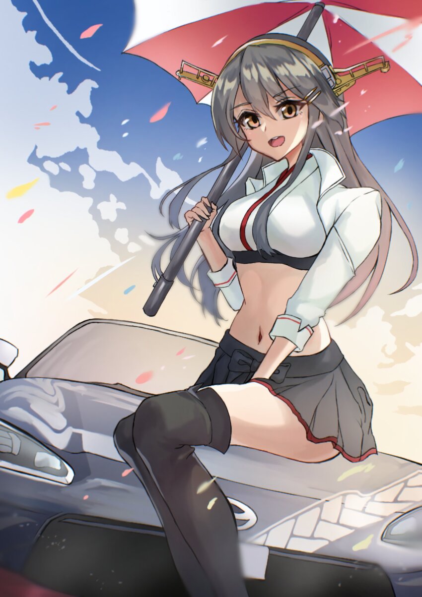 black_skirt, black_thighhighs, breasts, brown_eyes, car, commission, feet_out_of_frame, grey_hair