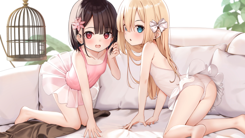 2girls, ass, bare_shoulders, barefoot, birdcage, blonde_hair, blue_eyes, blush, breasts, brown_hair, cage, couch, flower, hair_flower, hair_ornament, highres, leotard, loli, long_hair, looking_at_viewer, multiple_girls, open_mouth, original, pink_leotard, red_eyes, short_hair, skirt, small_breasts, smile, tutu, white_leotard, yan_(nicknikg)