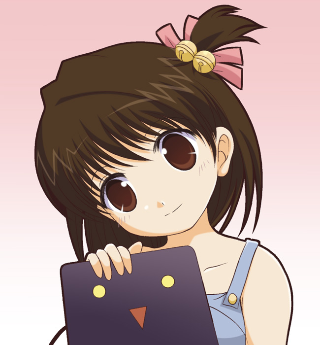 00s, 1boy, :>, bell, brown_eyes, brown_hair, gradient_background, mahoraba