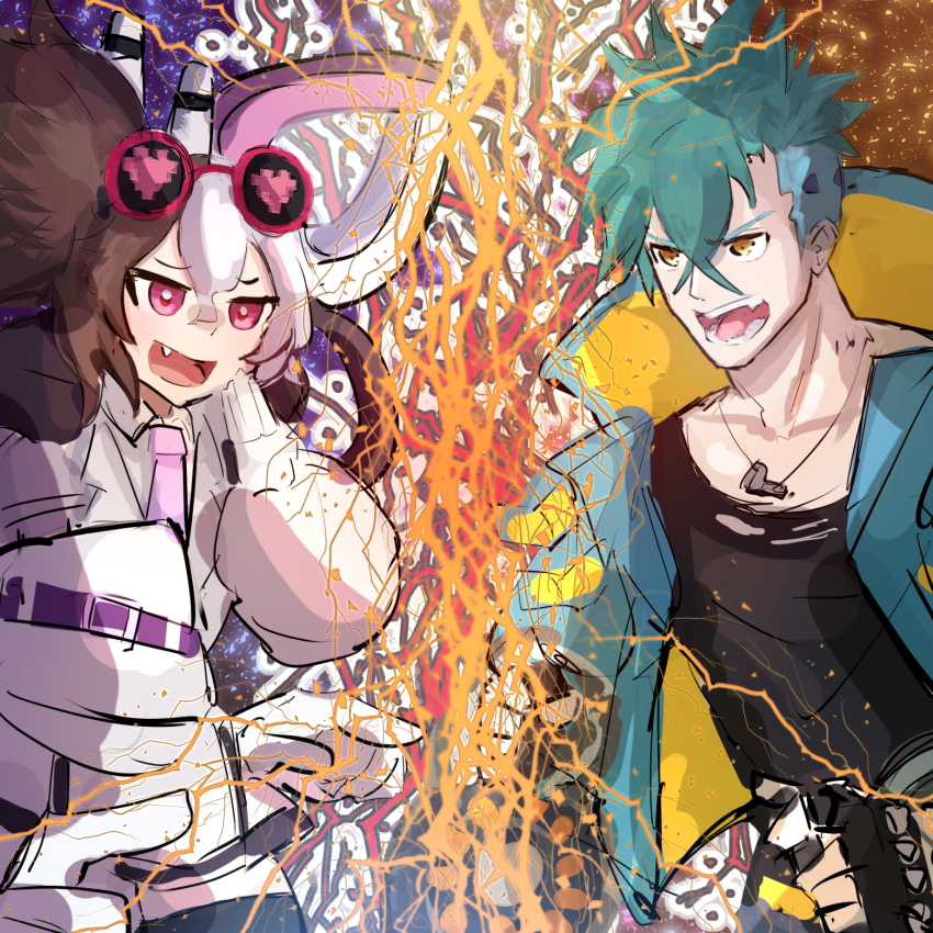 1boy, 1girl, black_hair, black_shirt, blue_hair, blue_jacket, commission, duel_monster