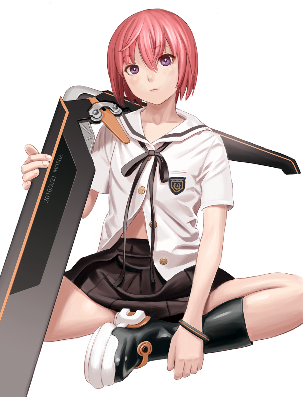 black_footwear, black_skirt, bob_cut, boomerang, closed_mouth, collarbone, derivative_work, hair_between_eyes