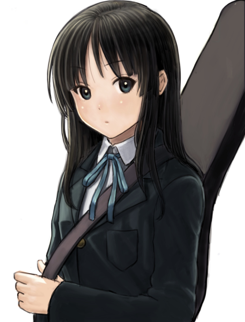 1girl, absurdres, akiyama_mio, black_eyes, black_hair, blue_ribbon, eyelashes, guitar_case
