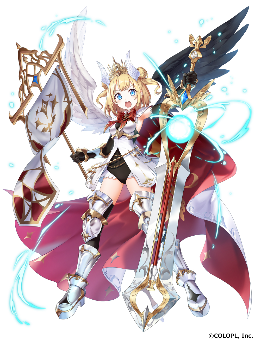 1girl, asymmetrical_wings, banner, black_wings, blonde_hair, bow, cape, feathered_wings