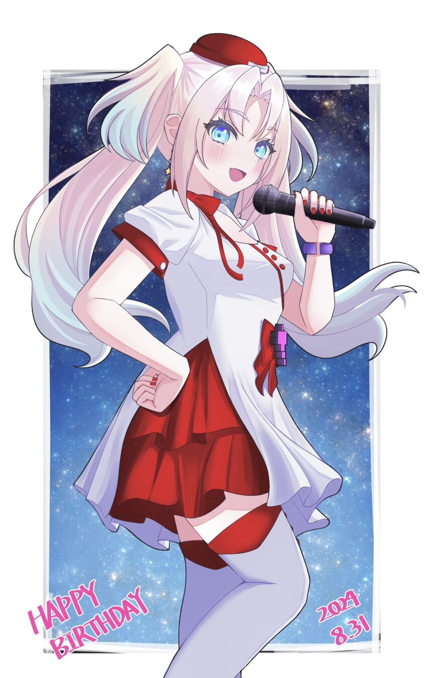 1girl, :d, ame_(amedayo_njgk), blonde_hair, blue_eyes, blue_hair, border, breasts