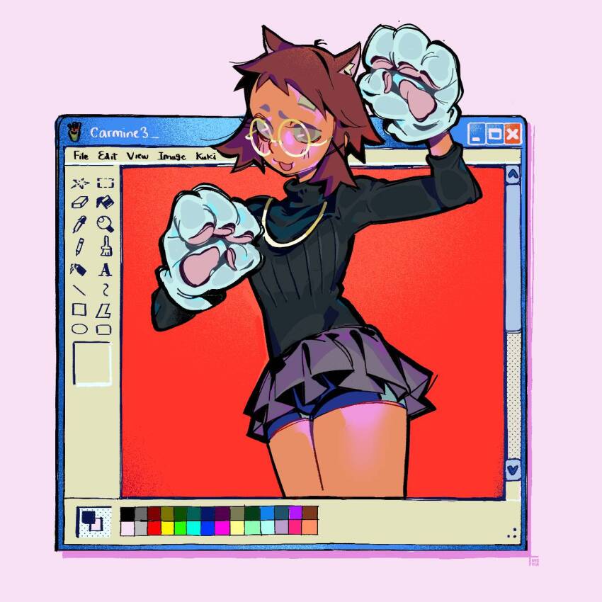 1girl, :3, animal_ears, arm_up, bike_shorts, black_sweater, blue_shorts, brown_hair