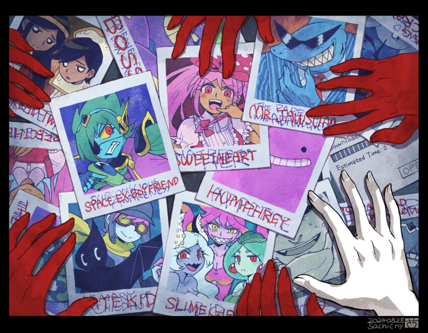 1boy, aizawa_sachi, artist_name, biscuit_(omori), black_hair, boss_(omori), captain_spaceboy, colored_sclera, dark-skinned_female, dark-skinned_male, dark_skin, dated, disembodied_hand, doughie_(omori), download_window_(omori), english_text, goggles, green_hair, humphrey_(omori), kid's_kite_(omori), king_crawler_(omori), kite, kite_kid_(omori), long_hair, marina_(omori), medusa_(omori), molly_(omori), mr._jawsum, omori, perfectheart_(omori), photo_(object), pink_hair, pluto_(omori), red_eyes, sharp_teeth, short_hair, solo, sunglasses, sweetheart_(omori), teeth, yellow_sclera