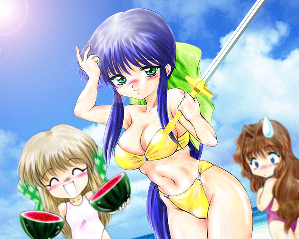 3girls, bikini, blue_eyes, blue_hair, blurry, brown_hair, depth_of_field, dutch_angle