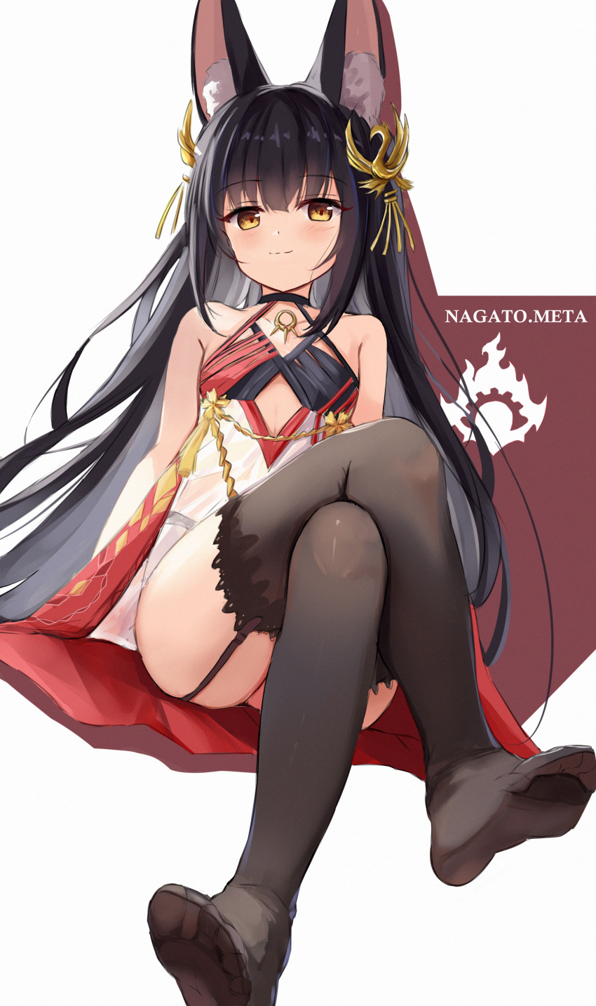1girl, absurdres, animal_ears, arms_behind_back, ass, azur_lane, bare_shoulders, black_hair, blush, breasts, character_name, clothing_cutout, commentary_request, crossed_legs, cutout_above_navel, dress, fox_ears, fox_girl, from_below, full_body, garter_straps, hair_between_eyes, hamiro, highres, legs, loli, long_hair, looking_at_viewer, looking_down, nagato_(azur_lane), nagato_(meta)_(azur_lane), pantyhose, sitting, sleeveless, sleeveless_dress, slit_pupils, small_breasts, smile, solo, thighhighs, thighs, very_long_hair, yellow_eyes