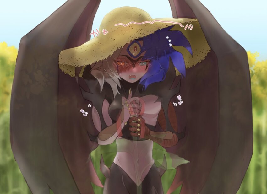 1other, blush, colored_sclera, colored_skin, green_eyes, grey_hair, hat, heterochromia, holding, medium_hair, orange_eyes, purple_hair, purple_skin, red_eyes, solo, spiked_hair, straw_hat, third_eye, tk_kjk_kndr, wings, yellow_sclera, yu-gi-oh!, yu-gi-oh!_gx, yubel