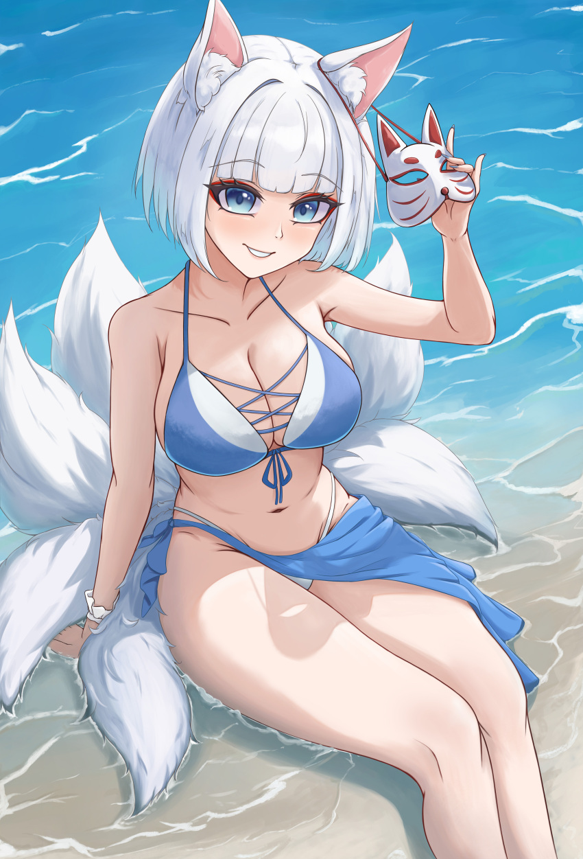 1girl, absurdres, animal_ears, arm_behind_back, arm_support, azur_lane, beach, bikini, bikini_skirt, blue_bikini, blue_eyes, breasts, cleavage, eyeshadow, fox_ears, fox_girl, fox_mask, fox_tail, from_above, front-tie_bikini_top, front-tie_top, grin, hand_up, happy, highres, hip_focus, holding, holding_mask, iliketequila, kaga_(azur_lane), kaga_(everlasting_killing_stone)_(azur_lane), kitsune, large_breasts, looking_at_viewer, looking_up, makeup, mask, mask_around_one_ear, medium_breasts, medium_hair, multicolored_bikini, multiple_tails, navel, ocean, on_ground, outdoors, red_eyeshadow, sitting, smile, solo, swimsuit, tail, thighs, two-tone_bikini, upskirt, wet, white_bikini, white_hair