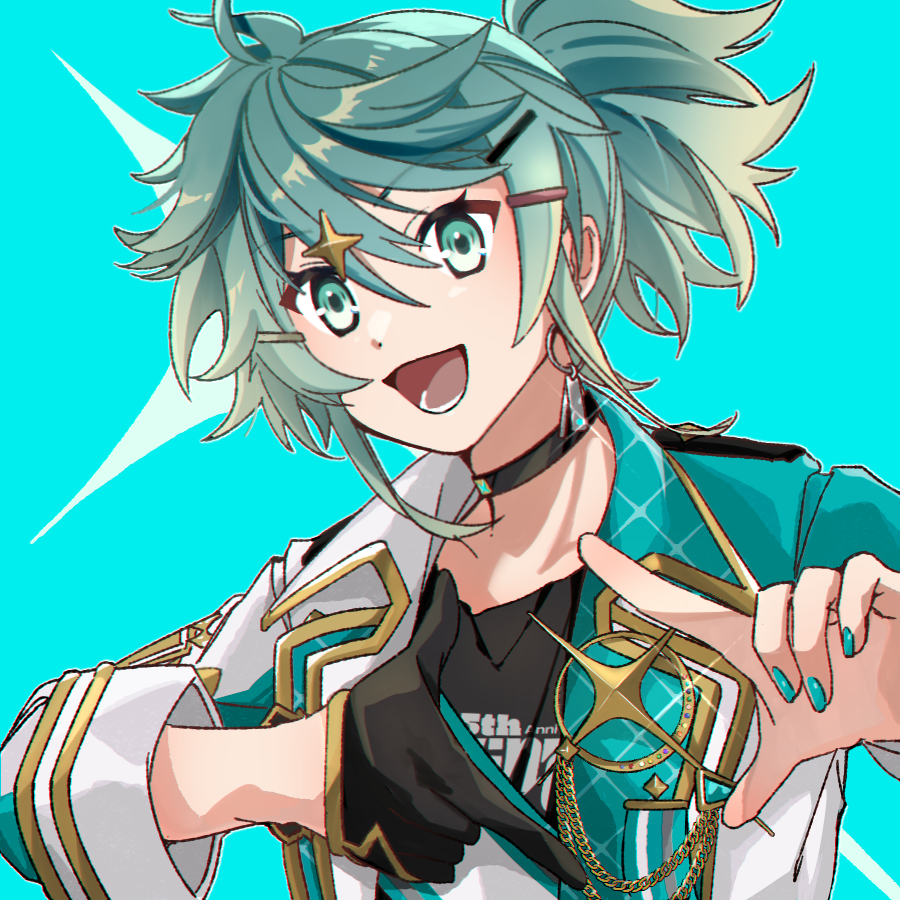 1boy, :d, aioka_(aichiu_kuchiu), aqua_background, aqua_eyes, aqua_hair, aqua_jacket, aqua_nails