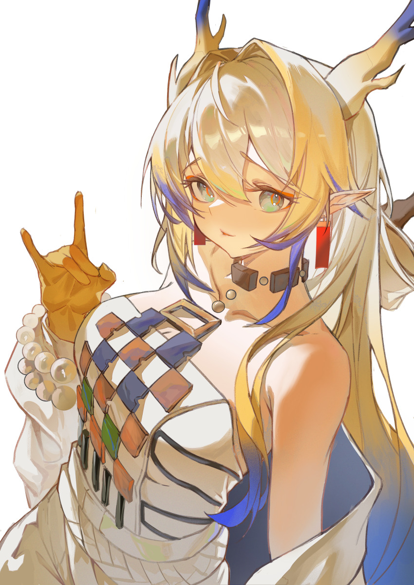 1girl, absurdres, arknights, bare_shoulders, blonde_hair, blue_eyes, blue_hair, colored_skin