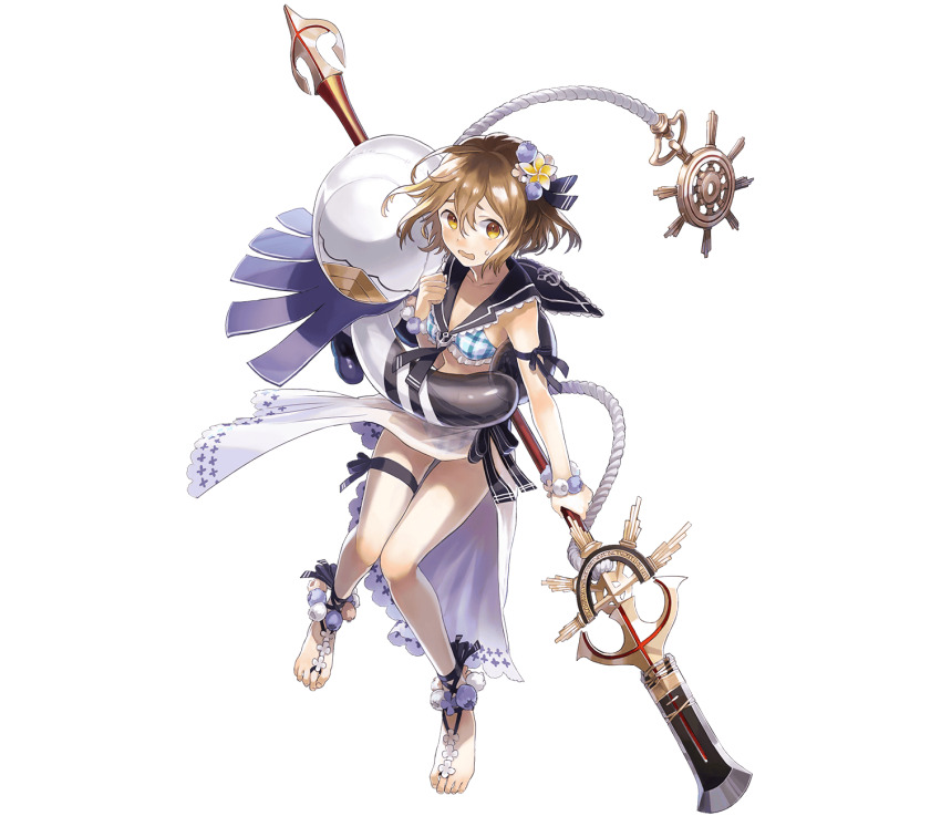 1girl, barefoot, bikini, blue_bikini, blush, breasts, brown_hair, flower