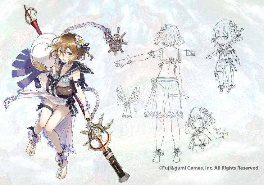 1girl, barefoot, bikini, blue_bikini, blush, breasts, brown_hair, flower