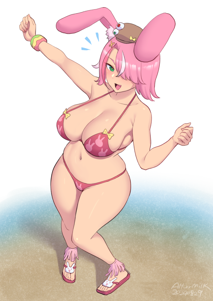1girl, allurmilk, animal_ears, animal_print, arm_up, bare_shoulders, bikini, blush, borrowed_character, bow, breasts, brown_hat, cleavage, collarbone, commentary, dated, english_commentary, fang, gradient_background, green_eyes, hair_ornament, hair_over_one_eye, hairclip, hat, large_breasts, medium_hair, mini_hat, multicolored_hair, multicolored_wristband, nail_polish, navel, one_eye_covered, open_mouth, original, pink_anklet, pink_bikini, pink_hair, pink_nails, pink_sandals, rabbit_ears, rabbit_girl, rabbit_ornament, rabbit_print, sand, sandals, signature, smile, solo, stomach, streaked_hair, string_bikini, swimsuit, thighs, toenail_polish, toenails, toes, white_background, x_hair_ornament, yellow_bow