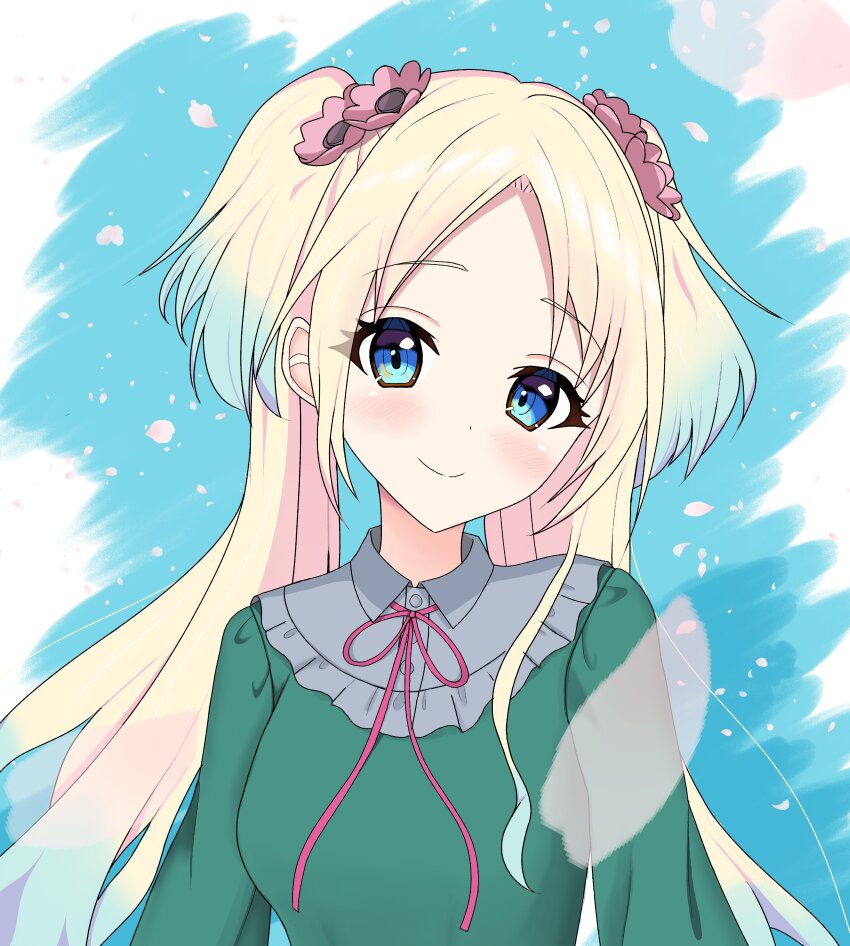 1girl, absurdres, blonde_hair, blue_background, blue_eyes, blue_hair, breasts, closed_mouth, commentary, dakishimeru_hanabira, dress, flower, frilled_dress, frills, gradient_hair, green_dress, hair_flower, hair_ornament, highres, light_blue_hair, link!_like!_love_live!, long_hair, long_sleeves, looking_at_viewer, love_live!, medium_breasts, multicolored_hair, neck_ribbon, official_alternate_costume, osawa_rurino, parted_bangs, pink_flower, pink_ribbon, ribbon, sagradafamilial, smile, solo, split_mouth, twintails, upper_body, virtual_youtuber