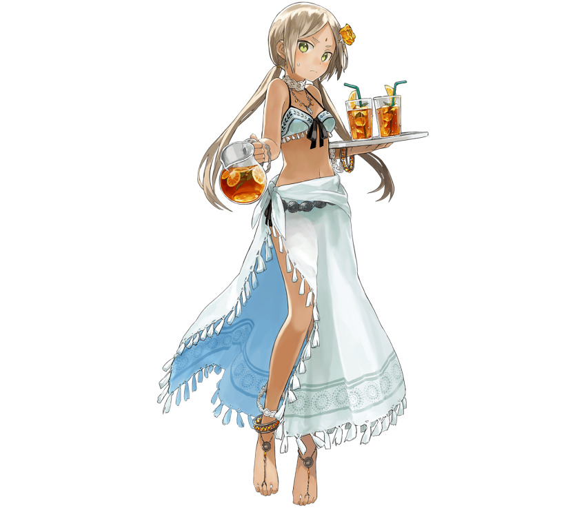 1girl, anklet, barefoot, barefoot_sandals_(jewelry), bikini, black_tea, blonde_hair, bracelet, closed_mouth, cup, dark-skinned_female, dark_skin, drink, drinking_glass, drinking_straw, flower, food, fruit, green_eyes, hair_flower, hair_ornament, highres, holding, holding_tray, jewelry, lemon, looking_at_viewer, navel, necklace, official_alternate_costume, official_art, parashu, phantom_of_the_kill, rose, sarong, simple_background, solo, straight-on, sweatdrop, swimsuit, tea, transparent_background, tray, twintails, watarubou, white_background, yellow_flower, yellow_rose