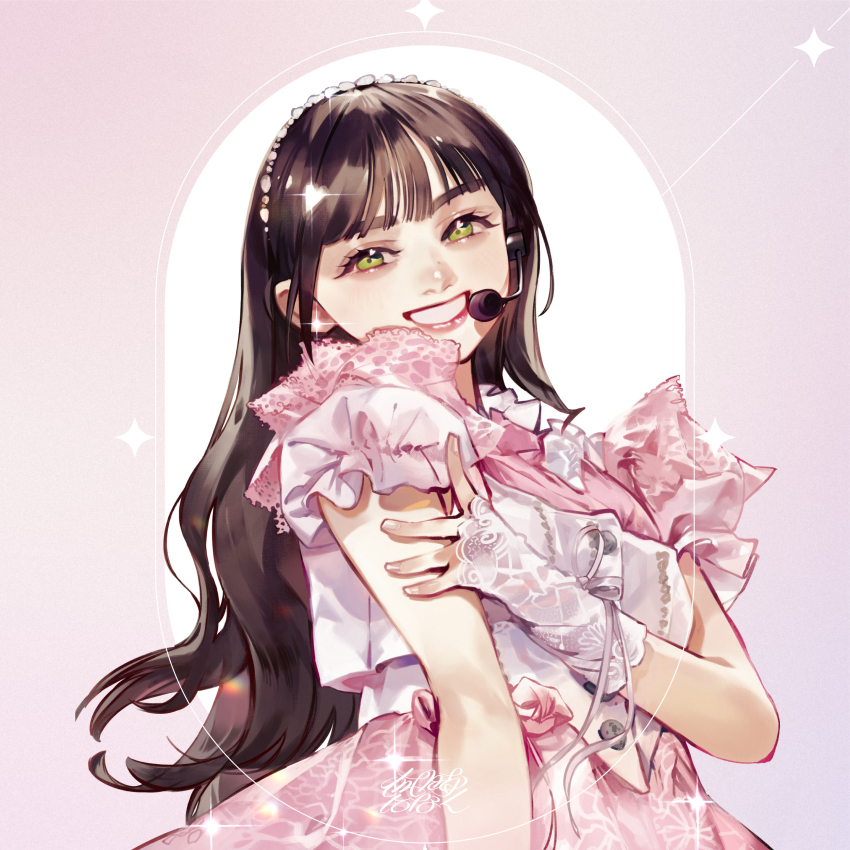 absurdres, bandana, black_hair, dress, green_eyes, highres, idol, itsu_ninaku, kawasaki_sakura_(nogizaka46), long_hair, microphone, nogizaka46, pink_dress, real_life, simple_background, smile