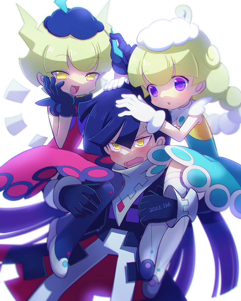 1boy, 2girls, :d, :o, ahoge, ahoge_grab, aqua_dress, artist_name