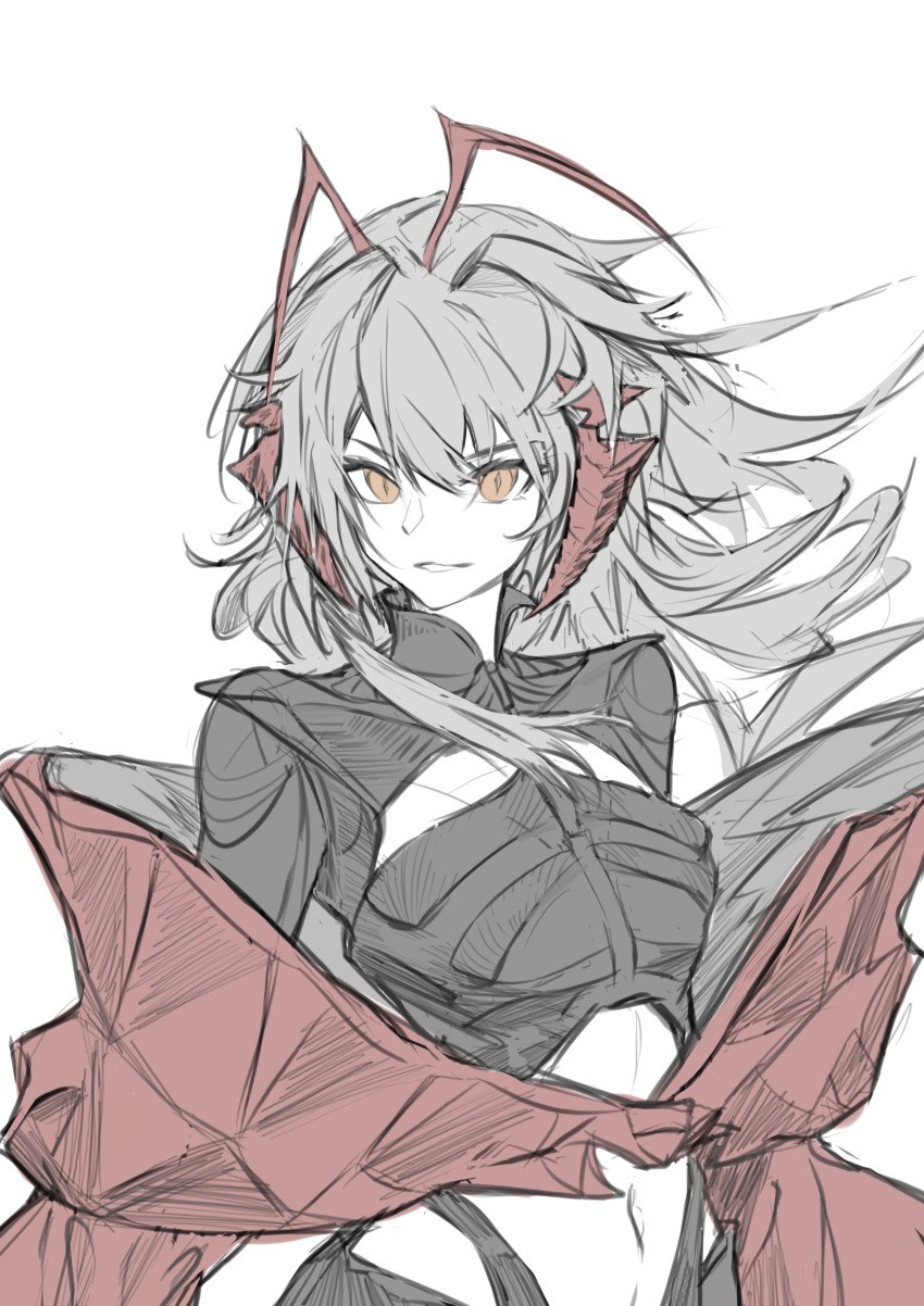 1girl, absurdres, antenna_hair, arknights, black_shirt, collared_shirt, cowboy_shot, crop_top