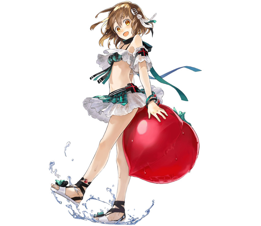 1girl, :d, bikini, bracelet, brown_hair, frills, green_bikini, hair_ornament