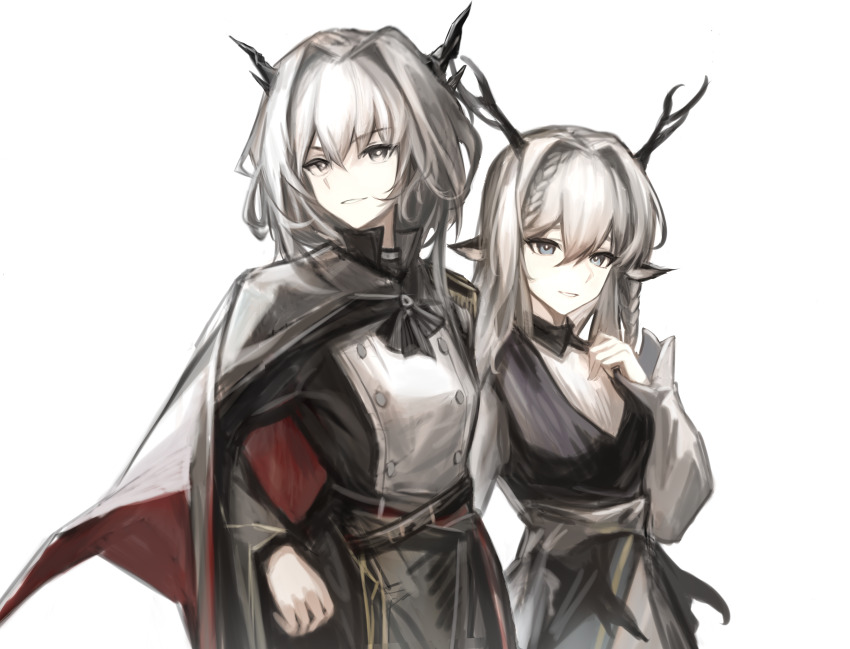 2girls, absurdres, alina_(arknights), animal_ears, antlers, arknights, ascot, black_ascot