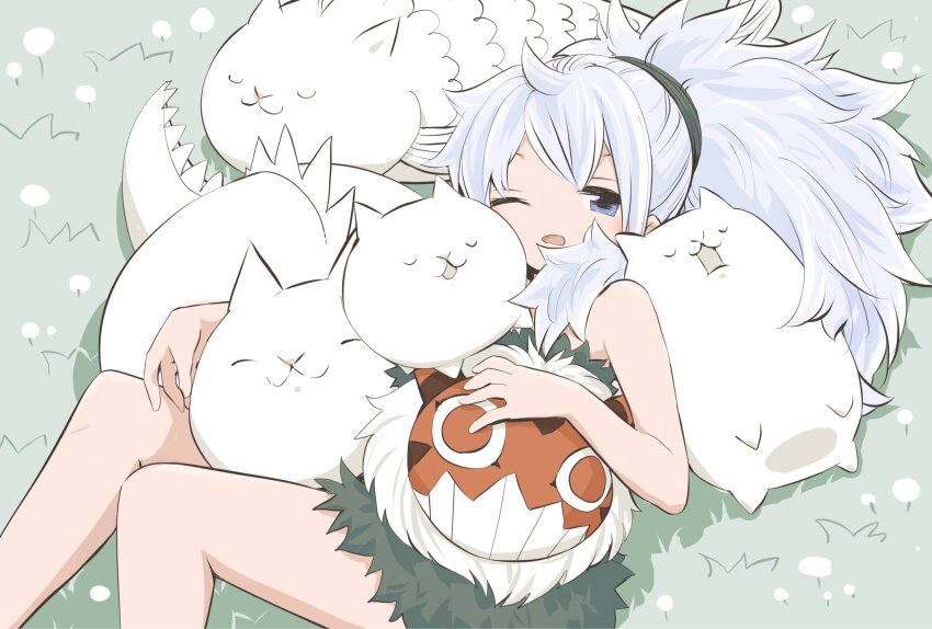 1girl, ahoge, blue_eyes, cat_(nyanko_daisensou), cat_dragon_(nyanko_daisensou), dragon, fish, grass