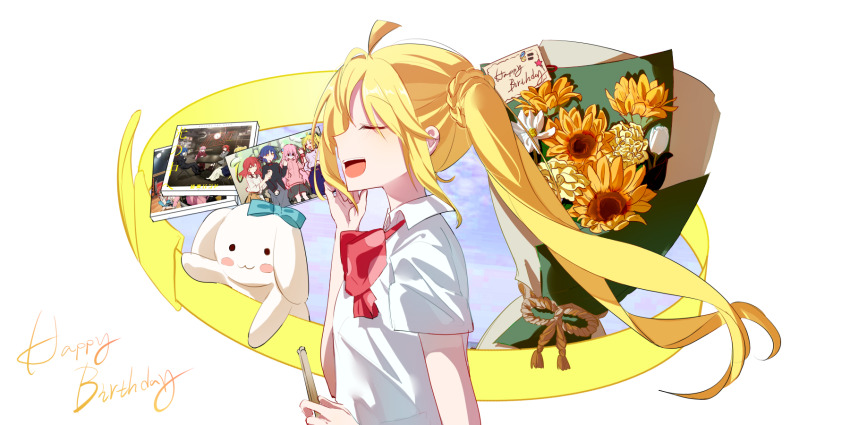 1girl, ahoge, akusan, bare_arms, birthday, birthday_card, blonde_hair, blue_bow, blue_sky, bocchi_the_rock!, bount, bow, bowtie, braid, carnation, chinese_commentary, closed_eyes, cloud, collared_shirt, commentary_request, drumsticks, english_text, eyelashes, floating_hair, flower, from_side, gotoh_hitori, hand_on_own_face, happy_birthday, highres, holding, holding_drumsticks, ijichi_nijika, kita_ikuyo, light_blush, long_hair, open_mouth, photo_(object), pointy_nose, polka_dot, polka_dot_bow, polka_dot_bowtie, ponytail, red_bow, red_bowtie, school_uniform, shimokitazawa_high_school_uniform, shirt, short_sleeves, side_ponytail, side_ponytail_with_braided_base, sky, smile, solo, stuffed_animal, stuffed_rabbit, stuffed_toy, sunflower, teeth, upper_body, upper_teeth_only, very_long_hair, white_background, white_flower, white_shirt, wind, yamada_ryo, yellow_flower