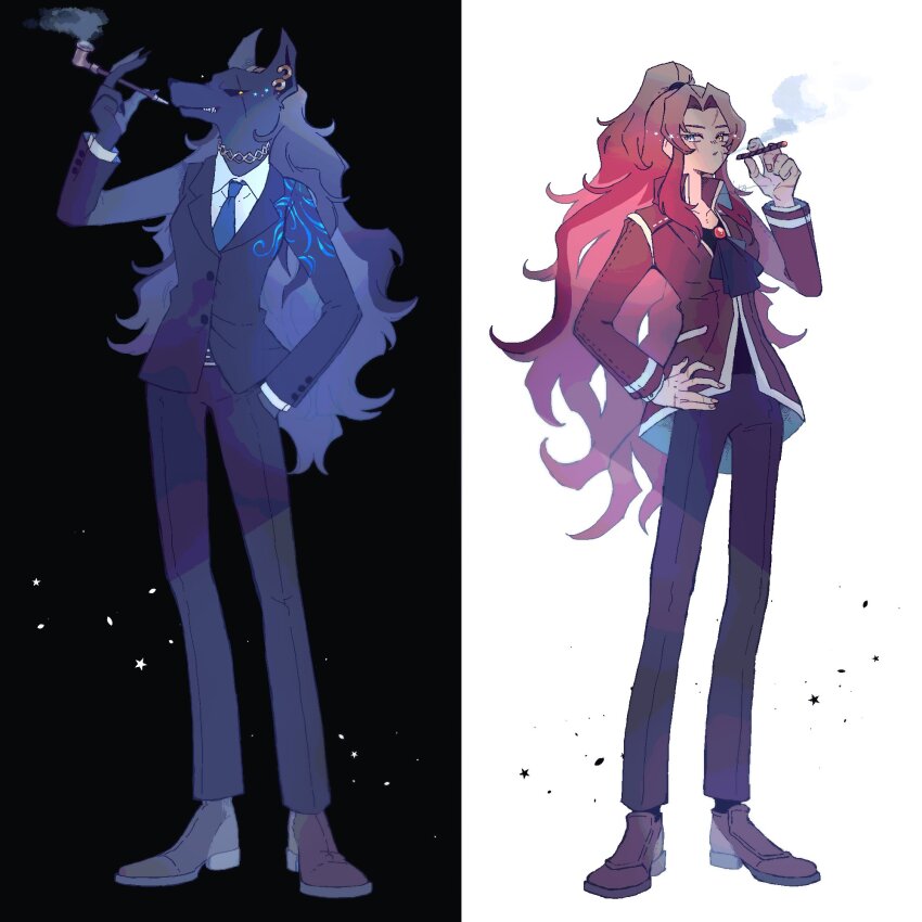 2girls, black_footwear, black_jacket, black_pants, cigar, coat, full_body, furry