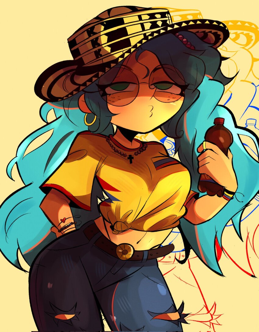 1girl, aqua_eyes, belt, bottle, bracelet, colombia, colombian_clothes, colombian_flag, colombian_hat, colombian_miku, colored_eyelashes, cross, denim, earrings, freckles, half-closed_eyes, hat, hatsune_miku, heart, highres, holding, holding_bottle, jeans, jewelry, low_twintails, moody_azz, navel, o3o, pants, ring, rosary, round_eyewear, shaded_face, shirt, simple_background, solo, sombrero, sunglasses, tan, tied_shirt, torn_clothes, torn_jeans, torn_pants, twintails, wavy_hair, worldwide_miku